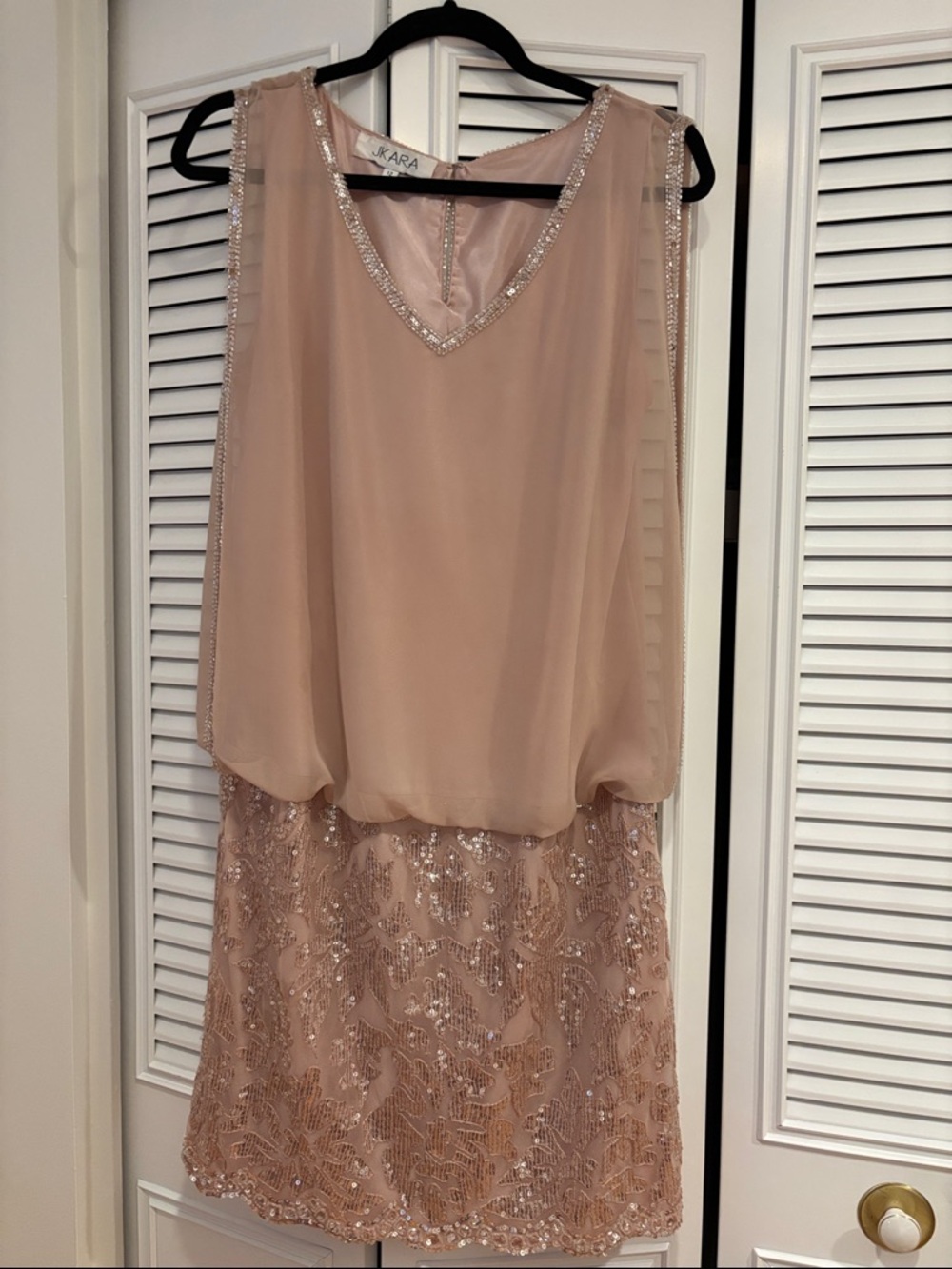 J Kara Blush Pink Beaded Chiffon Overlay Cocktail Dress